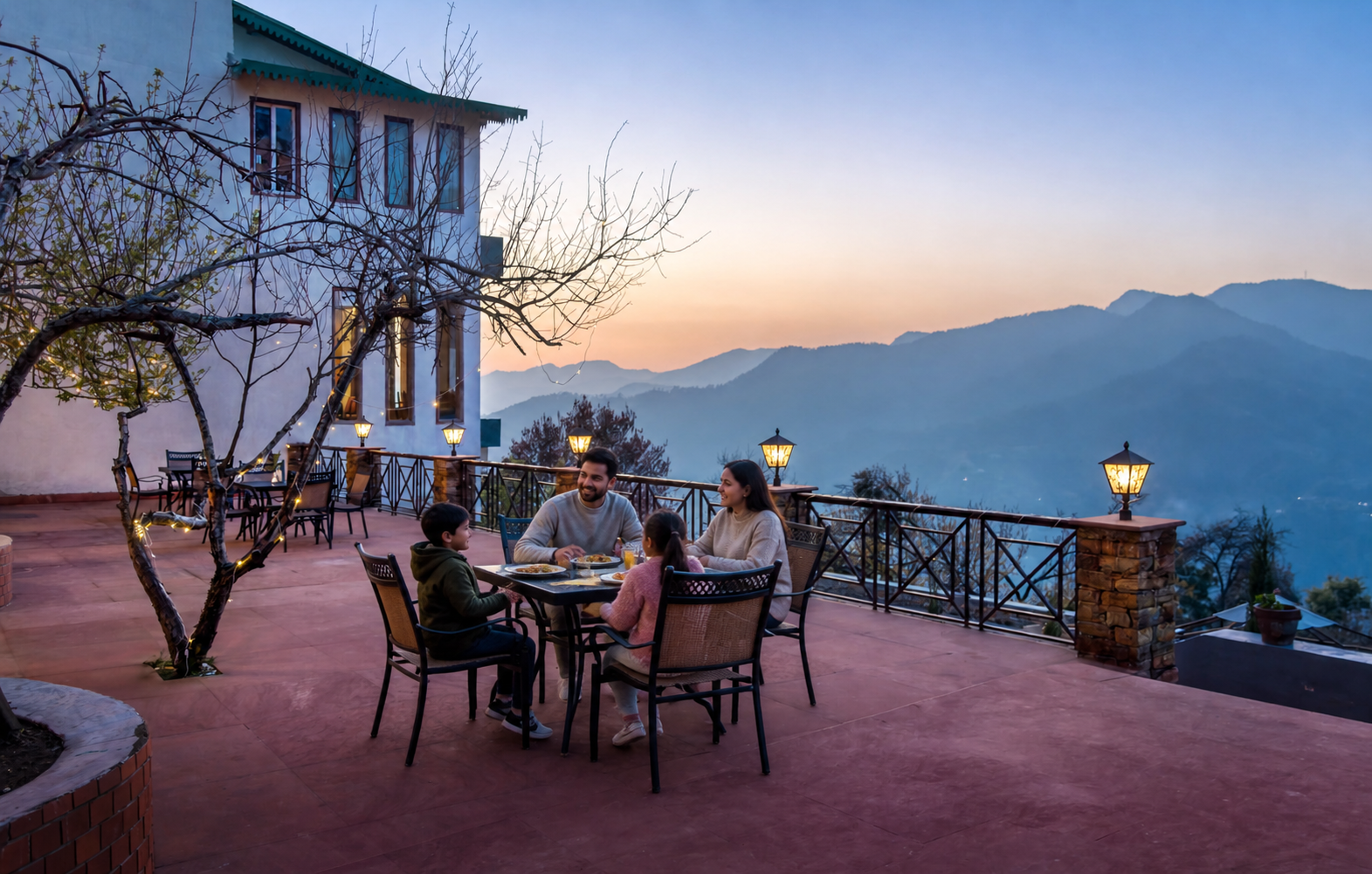 Family enjoying the sunset terrace at Digantaa Resort