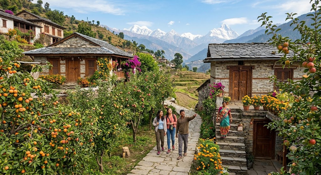Walking through fruit orchards and traditional Kumaoni villages near Mukteshwar, Uttarakhand