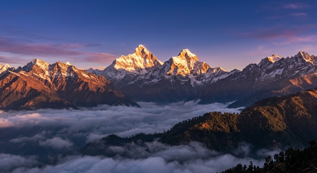 Sunrise over Nanda Devi mountains in Mukteshwar